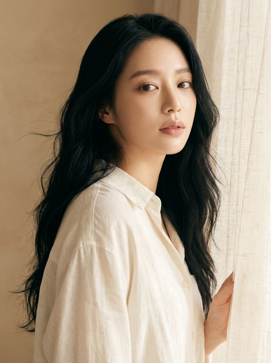 리넨 커튼 옆 창가의 모델