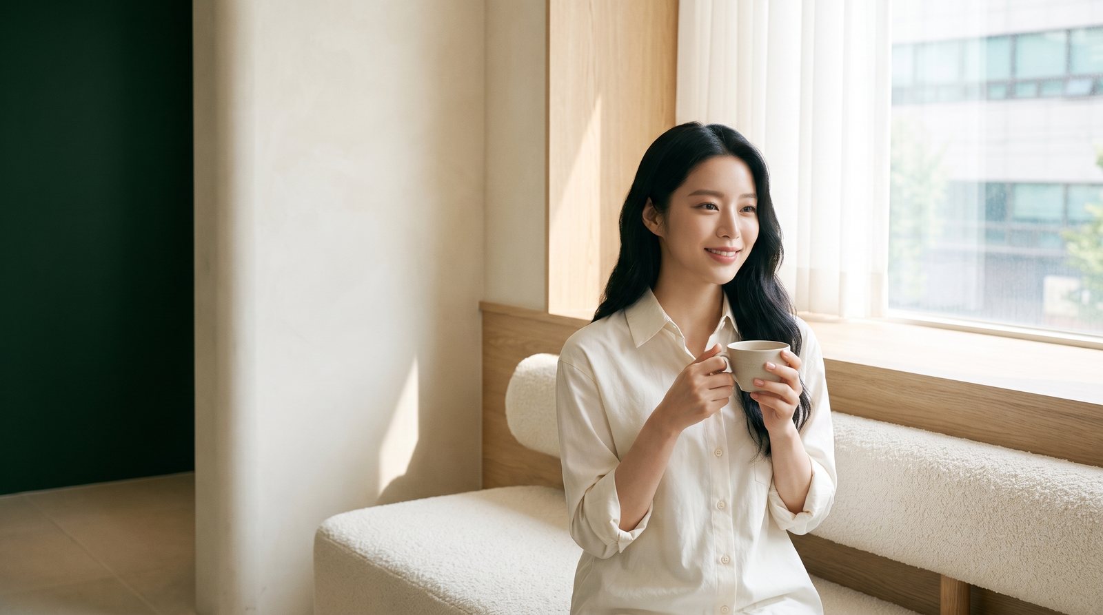창가 대기실에서 차를 마시는 손님