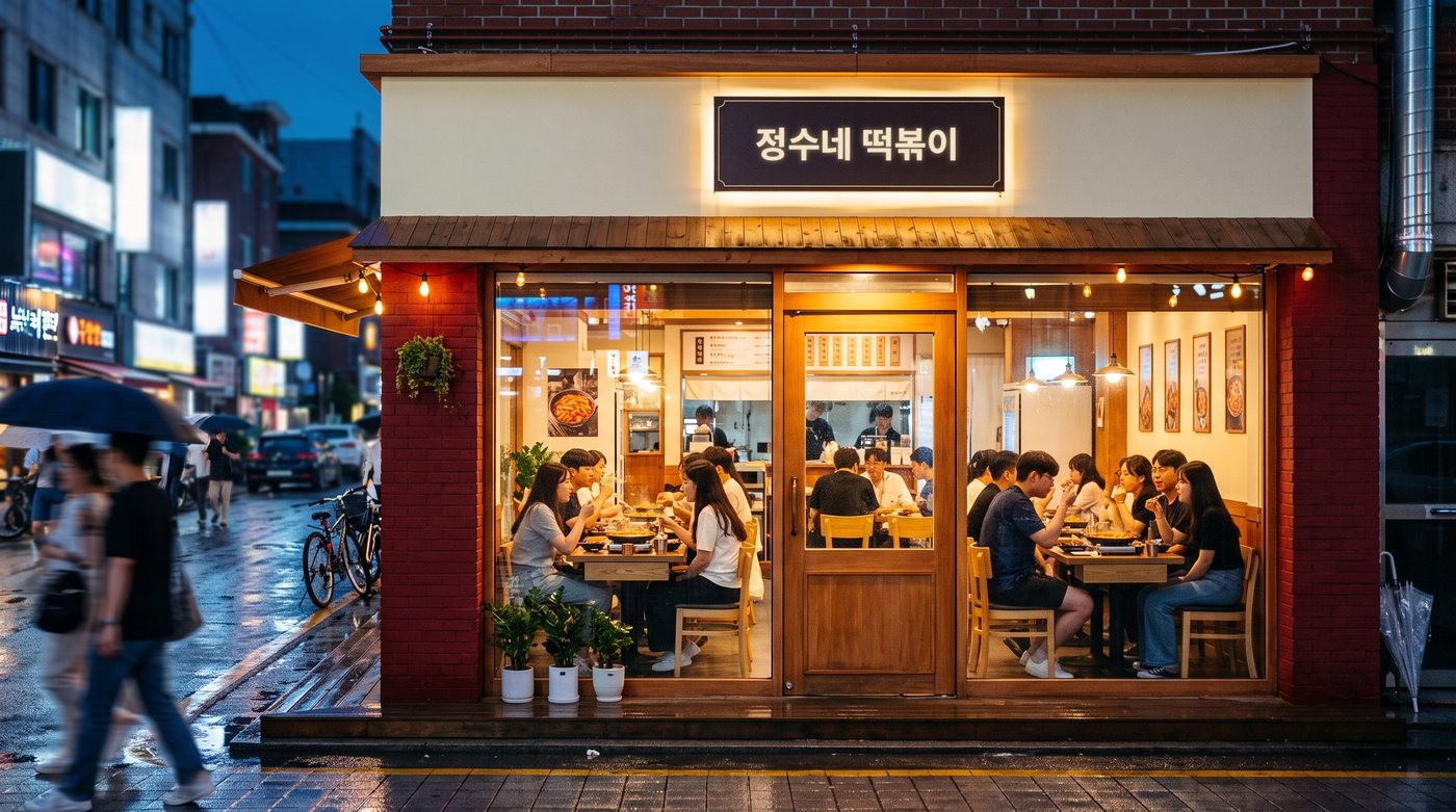 비 온 저녁, 정수네 떡볶이 간판 아래 통유리 너머로 손님이 가득한 매장