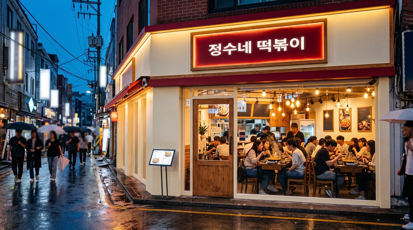 비 오는 저녁 골목 모퉁이의 정수네 떡볶이 매장