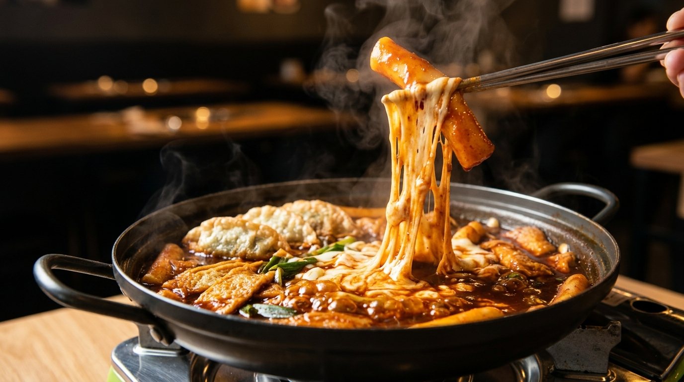 끓는 즉석떡볶이 팬에서 젓가락으로 떡을 들어 올리자 치즈가 길게 늘어나는 모습