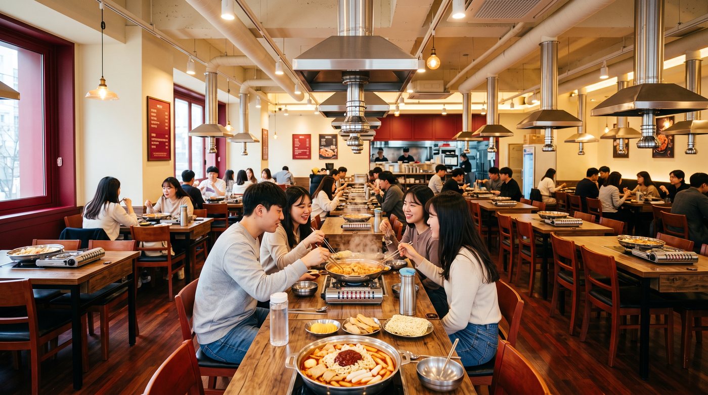 천장 후드 아래 테이블마다 버너가 놓인 넓은 매장에서 즉석떡볶이를 먹는 손님들