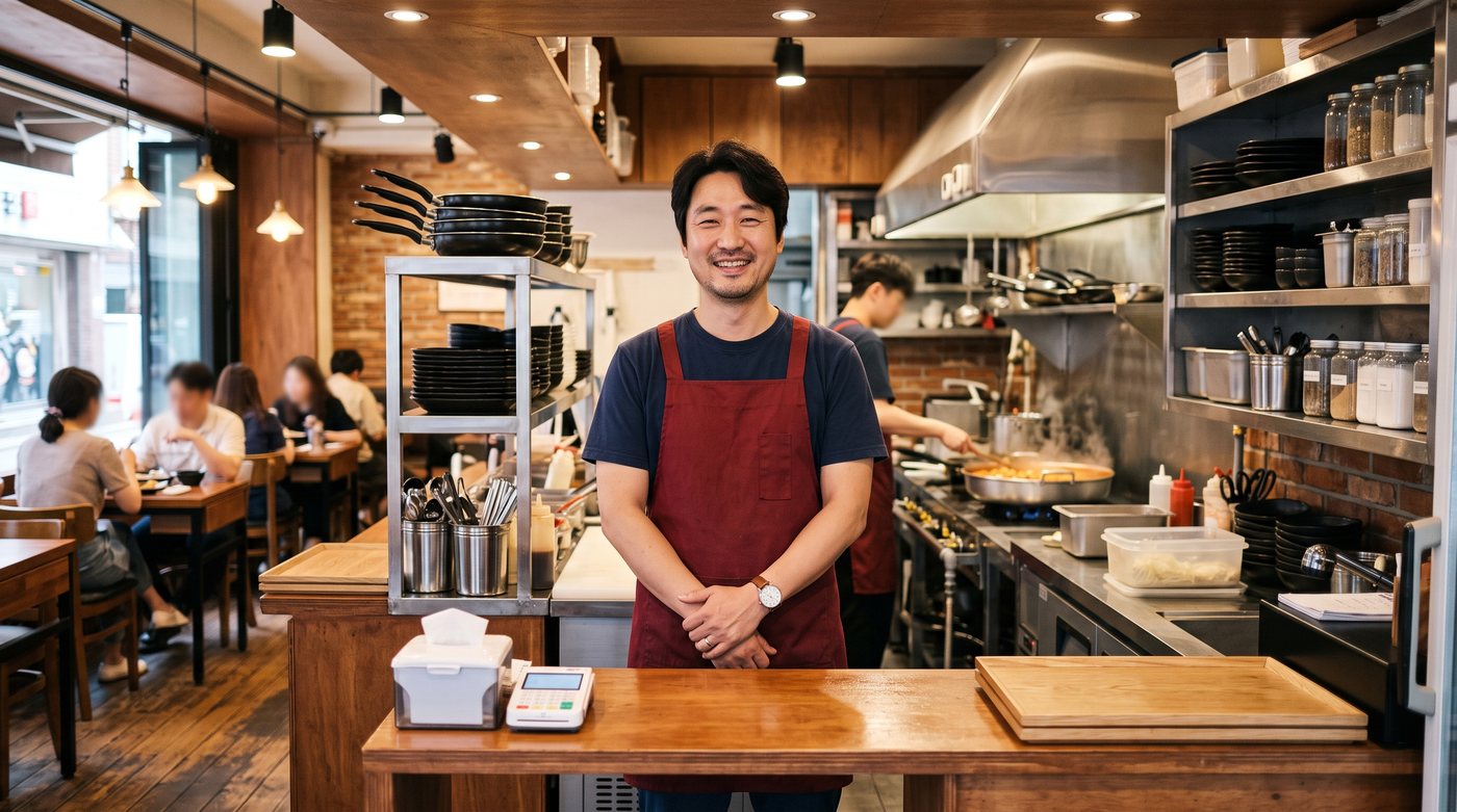 붉은 앞치마를 두르고 카운터 앞에 선 점주