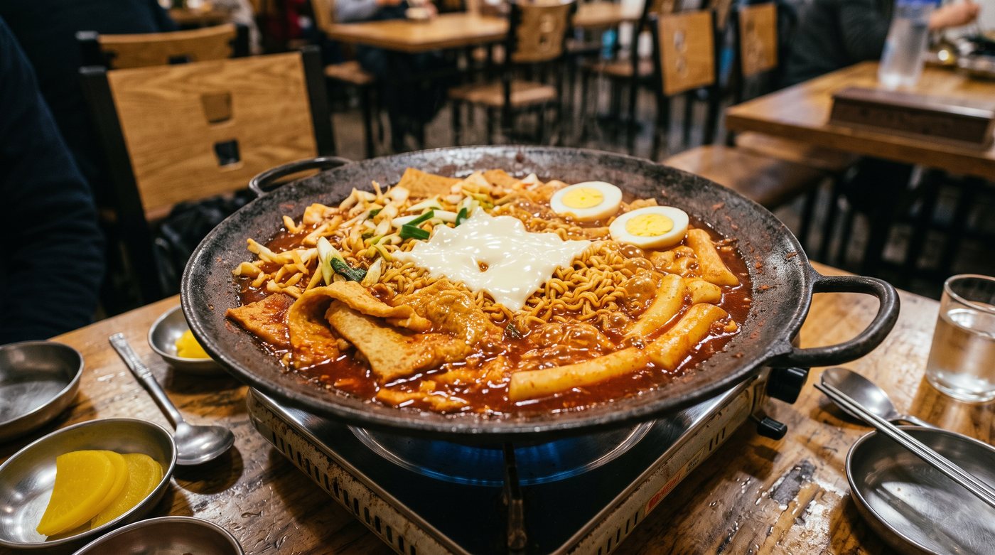 버너 위에서 끓는 즉석떡볶이 팬. 라면, 치즈, 삶은 달걀, 어묵이 올라가 있다