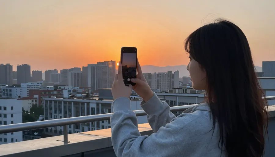 노을 진 도시를 찍는 모습